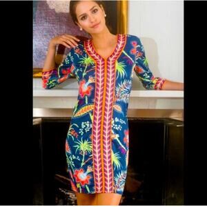 Gretchen Scott tropical Navy orange Floral preppy Shift Dress M resort retro 60’